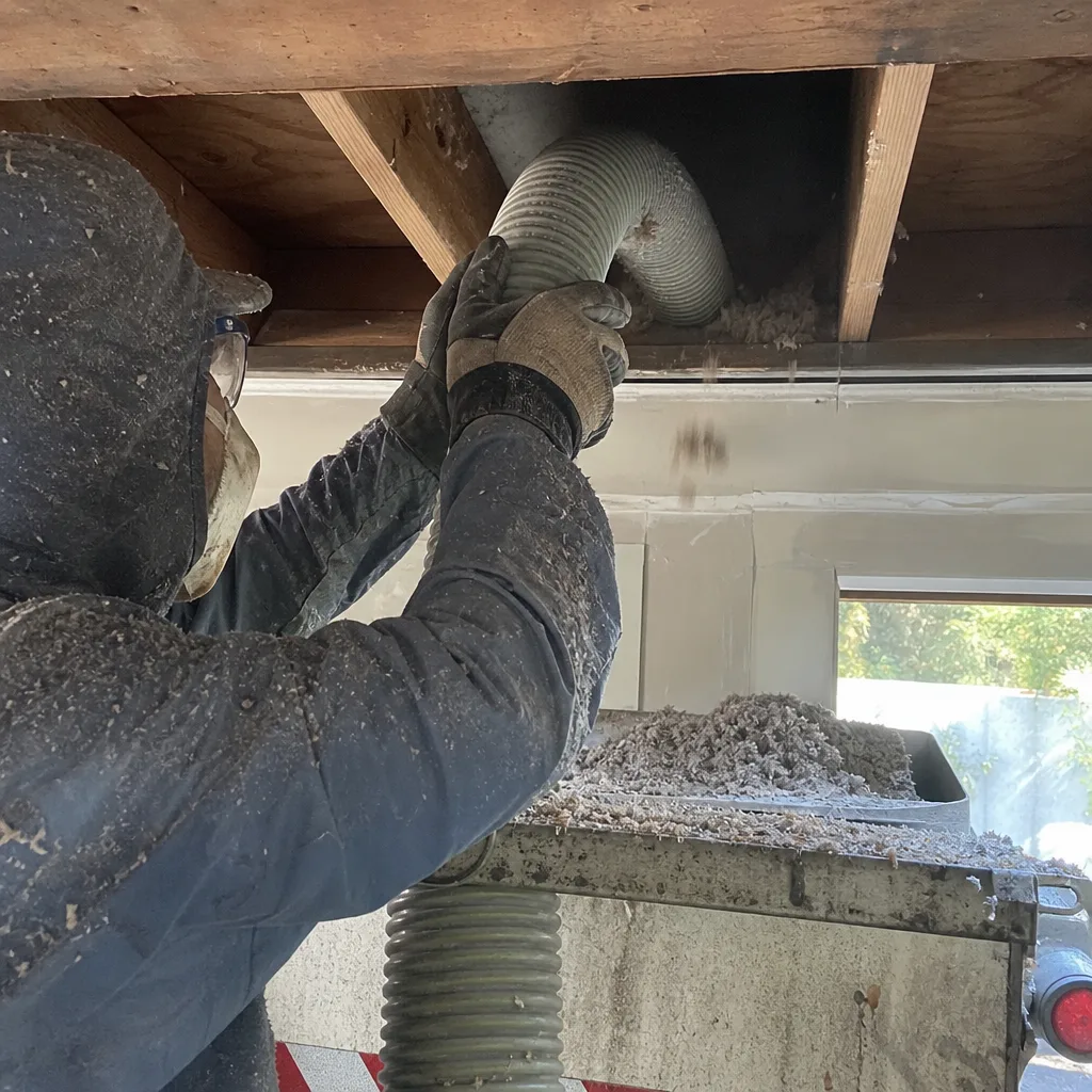 Technician using vacuum hose for professional insulation removal in a building