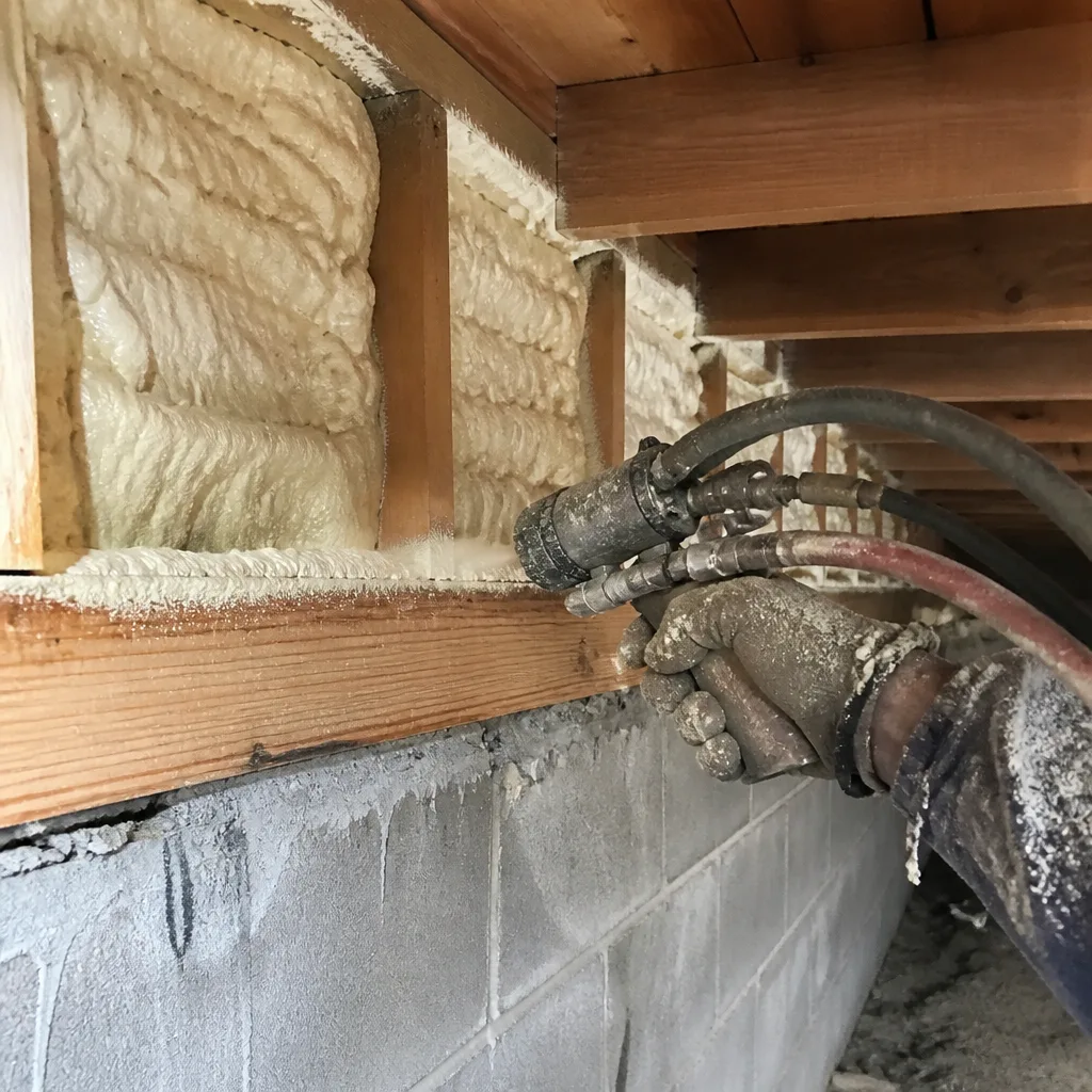 Professional applying spray foam insulation between wooden floor joists