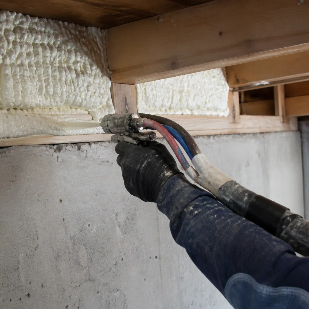 Professional applying spray foam insulation to basement floor joists and concrete wall