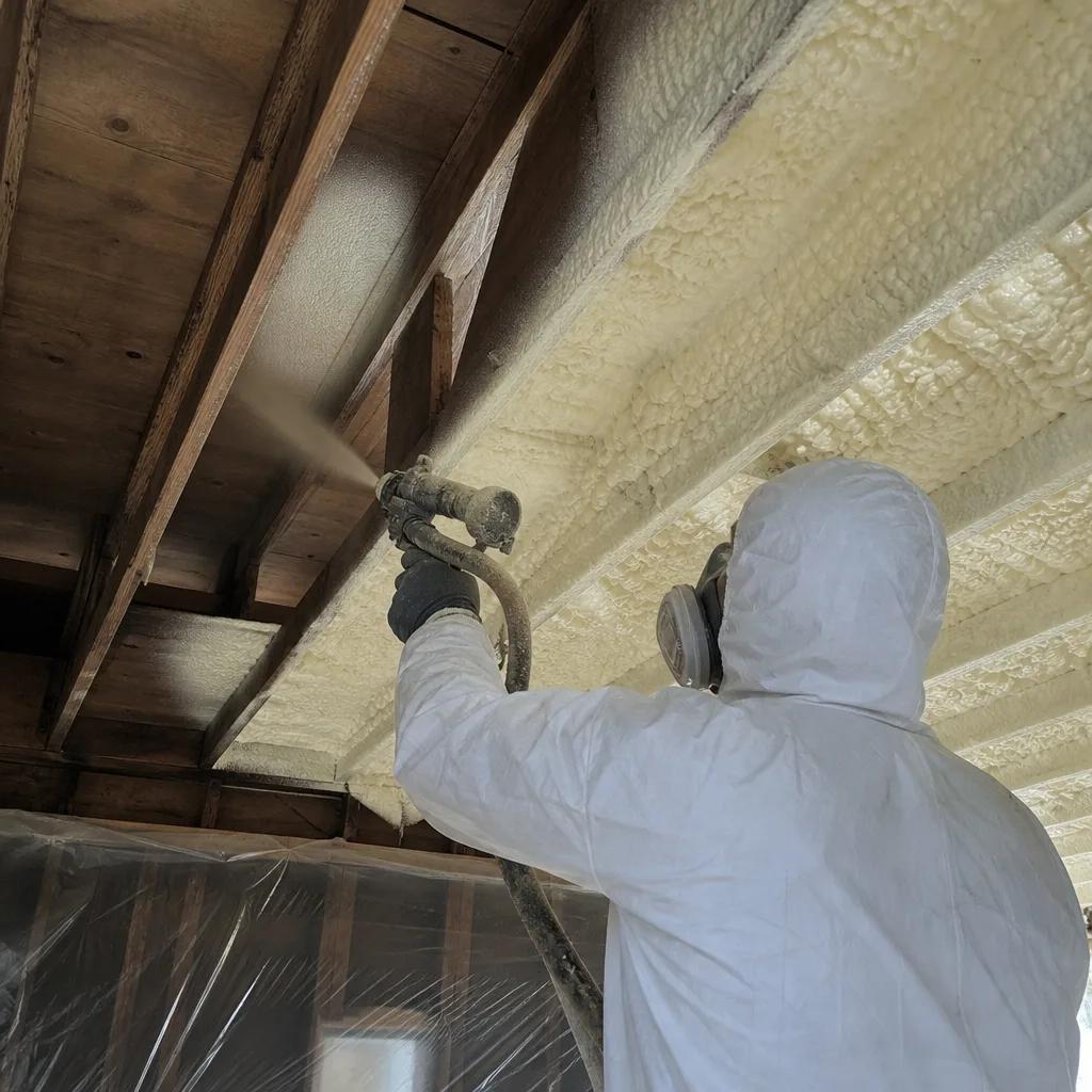 Worker in protective gear applying spray foam insulation to ceiling joists.