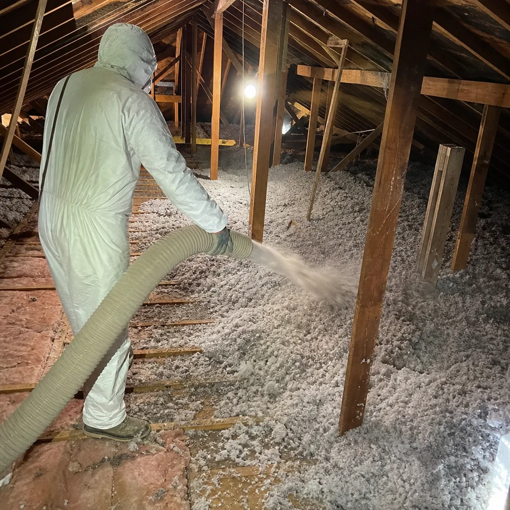 Technician using a blower machine to install loose-fill attic insulation